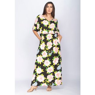 Vestido CabanaFree Longo Plus Malha Estampa Rosas da Meia-Noite
