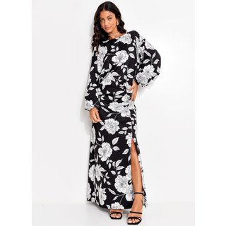 Vestido Malha Fria Floral Preto E Branco Quintess