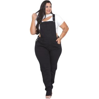 Macacão Jardineira Feminino Jeans Light Plus Size Preto Sarja