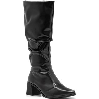 Bota Feminina Slouchy Stessy Cano Alto Confortável Bico Fino Enrugada Elegante Preta