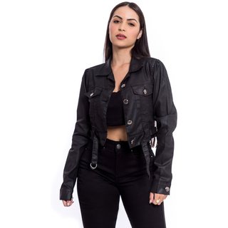 Jaqueta Restrito Jeans Resinada com Botões e Cinto - PRETO