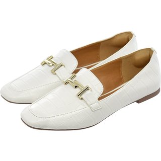 Sapato Feminino Mocassim Donatella Shoes Bico Quadrado Confort Branco Croco