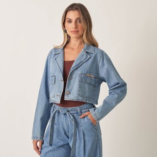 Blazer Jeans Cropped Com Bolso Cargo