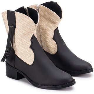 Bota Country Western Com Franja Ultra conforto Feminina IZA Texana Leve Macia Blogueira GuGi 218-GG - Preto/Marfim