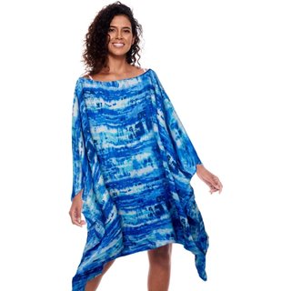 Vestido Kaftan Saída Amplo Crepe Acetinado Estampado Manchado Azul