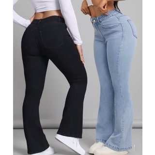 Kit 2 Calças Flare Jeans Feminina Alpha Street Wear Premium Com Elastano Cintura Alta Levanta Bumbum Estilo Gringa Preto e Delave