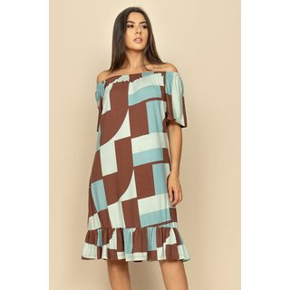Vestido Curto Yanomami Malha Mullet Ombro a Ombro Amplo Estampa Santa Rosa do Tocantins