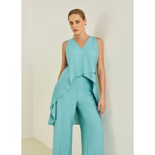 Blusa Maria Valentina Solta Decote V Manga Curta Alongada Azul