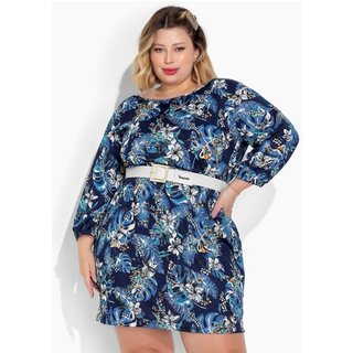 Vestido Com Mangas Longas Plus Size Floral Azul Marguerite