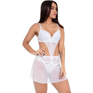 Conjunto IMI Lingerie Sutiã Calcinha Fio e Saia Renda Tule Hari Branco