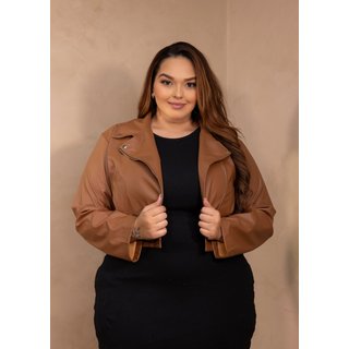Jaqueta P.U. Cropped Plus Size Com Zíper Cia do Vestido Marrom Mocha Mousse