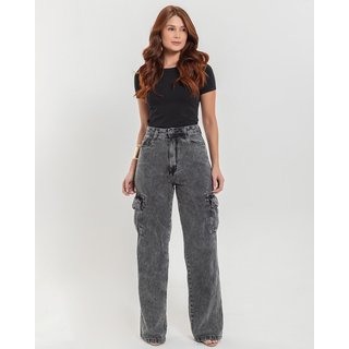Calça Jeans Feminina - Wide Leg Cargo Pantalona - Preta Stonado