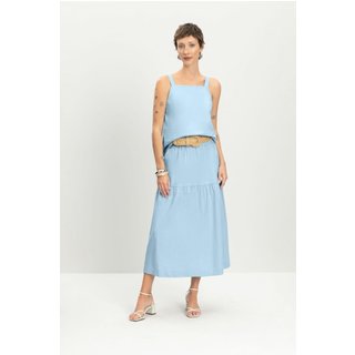 Saia feminina midi em linho Essendi -AZUL CLARO Azul