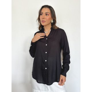 Camisa Feminina Ícone Fashion Oversized Gola Tradicional Preta