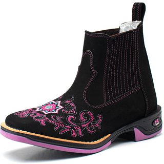 Bota Feminina RR Botas Texana Country Couro Boradado Flor Bico Quadrado Preto Rosa