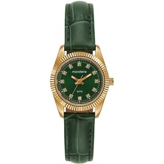 Relógio Feminino Caixa Pequena Couro Dourado e Verde Mondaine