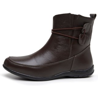 Bota feminina Couro Legítimo Cano Curto Salto Baixo Rasteira