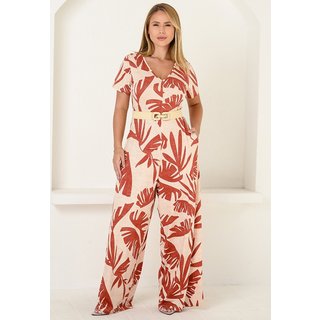 Macacão Pantalona M/C Bolsos BBonnie Esther Estampa Vermelha Estampado
