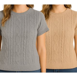 Kit 2 Blusas Tricô FMF Feminina Ponto Trama Trançada Cinza