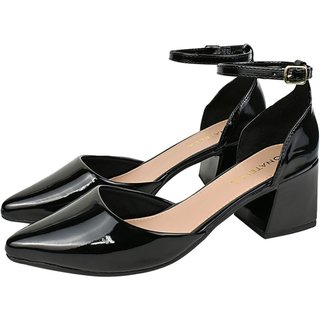 Sandália Scarpin Donatella Shoes Feminina Bico Fino Social Salto Bloco Quadrado Verniz Preto