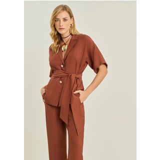 Camisa Maria Valentina Solta Gola Clássica Manga 7 Oitavos Alongada Marrom