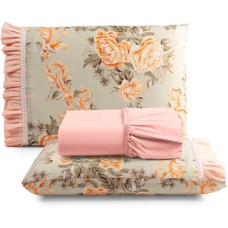 Jogo Cama Lençol Fiore Casa Scarpa Casal Padrão Estampado 180 Fios 100% Algodão com Babadinho 3 Peças Salmão Floral