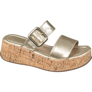 Sandália Feminina Tamanco GiGiL Flatform Plataforma Slide Tiras Largas Fivela Metalizada Casual Moderna Dourado