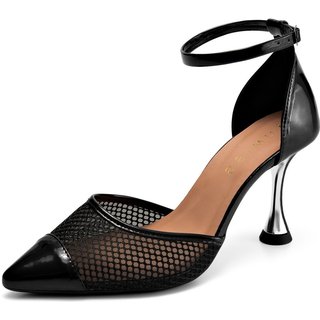 Scarpin Feminino Lumiss Aberto Salto Alto Fino Tela Bico Fino Preto