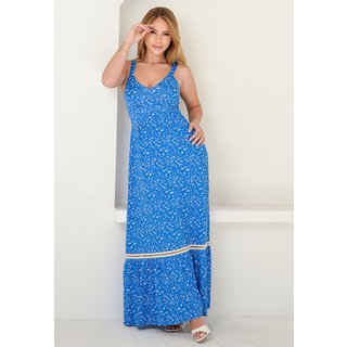 Vestido Longo Alça Barra Guipir com Bojo BBonnie Sarah Floral Azul
