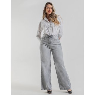 Calça Feminina Wide Leg - Denim - Black Jeans - Cinza