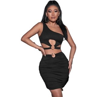 Conjunto Summer Body moda gringa cropped decote mula manca saia argolas Preto