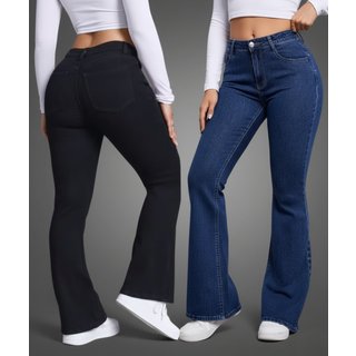 Kit 2 Calças Flare Jeans Feminina Alpha Street Wear Premium Com Elastano Cintura Alta Levanta Bumbum Estilo Gringa Preto e Azul Escuro
