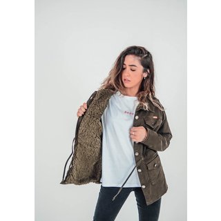 Parka Sarja Verde Militar Aero Jeans Forrada com Pelo