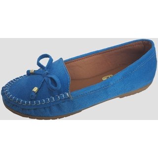Sapatilha Mocassim Moda Pé Costurado à Mão Camurça Azul Piscina