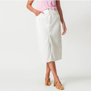 Saia Midi Jeans Color Reta Fenda Frontal Branca