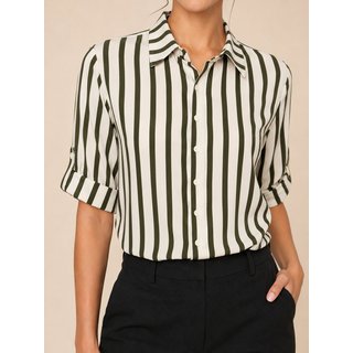 Max Camisa Tricoline Lapetry Feminina Manga Martingale Verde Social