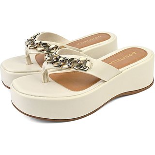 Sandalia Feminina Plataforma Anabela Donatella Shoes Chinelo de Dedo Corrente Sola Alta Off White
