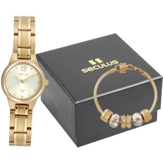 Kit Relógio Seculus Feminino Analógico com Berloques Dourado Seculus