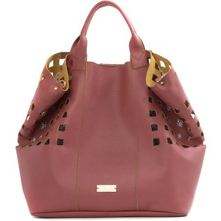 BOLSA FEMININA EM COURO ALÇA DE MÁO ROSÉ COM AMARELA "ROSELANA FREITAS"""