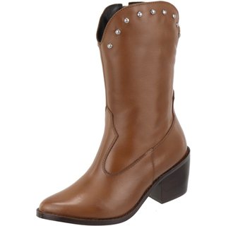 Bota em Couro Western Texana Bico Fino Country Conhaque Tellini Store