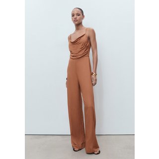 Macacão Feminino Mango Decote Drapeado Alças Finas Marrom