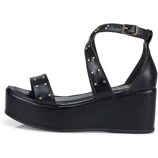 Sandália Feminina Tira Anabela Flatform Fivela Preto 410