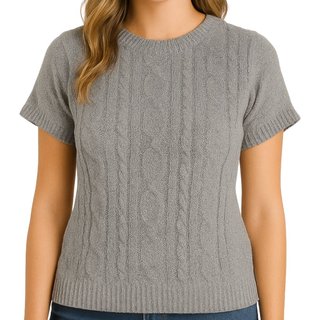 Blusa FMF Feminina Tricô Manga Curta Canelada Trama Trançada Cinza