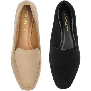Kit 2 Pares Mocassim Feminino Donatella Shoes Preto e Nude Camurça