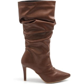 Bota Feminina Cano Enrugada Salto Fino Clássica Conforto e Estilo 1714 Cacau