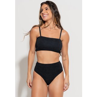 Biquíni Top Faixa Hot Pants Cintura Alta Texturizado Preto