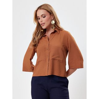 Camisa Mamorena Manga Curta em Viscolinho com Dois Bolsos