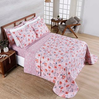 Kit Cobre Leito Colcha Casa Scarpa Belle King Estampado Dupla Face 400 Fios 3 Peças Floral Rosê