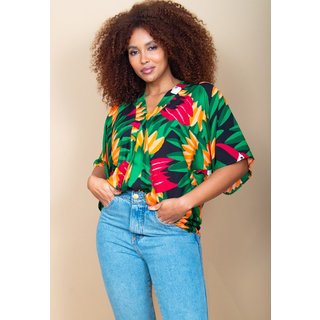 Blusa Cabanafree Gola V Manga Curta Estampa Festa dos Tucanos