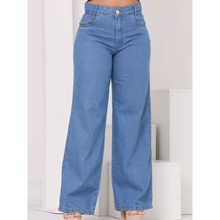 Calça Donna De Paula Wide Leg Azul Médio Cintura Alta Pantalona Feminina